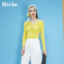 曼诺比菲 mnbf2016新款欧美风时尚V领蝴蝶结拼色毛织上衣