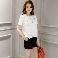 2015夏装新款韩版时尚套装白色上衣+黑色短裤两件套百搭套装