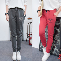2015新款韩版做旧字母卫裤运动裤女松紧腰系带显瘦可卷边女长裤