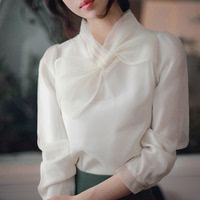 2016秋装新款韩版欧根纱衬衣蝴蝶结蕾丝上衣打底衫长袖白色雪纺衫