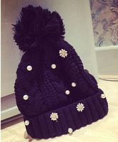 穗秋冬新品韩版毛线帽珍珠帽子保暖厚韩国女士学生造型针织帽
