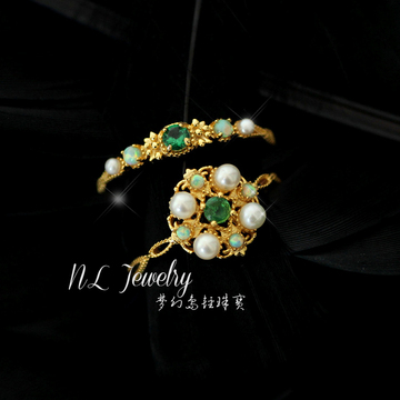 S925银 人造祖母绿 日本合成欧泊 天然珍珠 复古风轻奢戒指