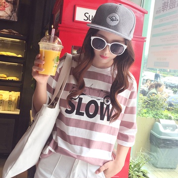 夏季韩版女装卡通印花纯棉短袖T恤女学生条纹半袖体恤上衣