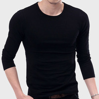 秋季韩版男装纯色纯棉内搭运动青少年修身T恤 长袖圆领打底衫黑色