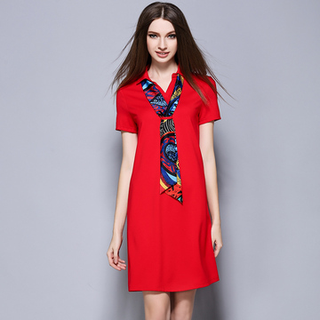 2016夏季新款欧美女装OL连衣裙夏中长款修身显瘦红色职业气质裙子