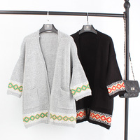 2015韩版秋冬装新款几何民族风毛衣针织开衫中长款中袖大码外套女