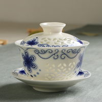 青花瓷玲珑镂空茶具盖碗茶具三才茶碗 手绘 茶杯景德镇 特价 盖碗