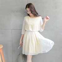 2015夏季新款韩版女装雪纺短袖连衣裙修身显瘦中长款七分袖短裙子