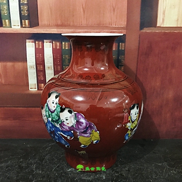 景德镇中式客厅陶瓷器台面花瓶家居深红色灯笼瓶花七子图嬉戏童子