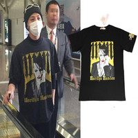 bigbang权志龙同款短袖t恤 北京机场韩版复古人物印花情侣装T恤