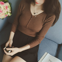 秋冬韩版新款螺纹V领针织衫学生女套头毛衣长袖气质显瘦打底潮