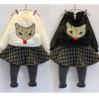 小女孩套装2015秋冬装新2-7岁女童仿皮草狐狸卫衣+加绒裙裤两件套