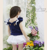 童装女夏装2015 韩国童装 上衣 纯棉 荷叶领短袖T恤 小中大童