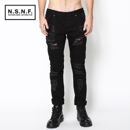 NSNF2015秋季新款破洞做旧牛仔裤男款牛仔裤黑色 韩版修身小脚 潮