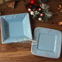 出口欧洲zakka杂货优雅灰蓝色陶瓷浮雕做旧方形小碟小盘两款入