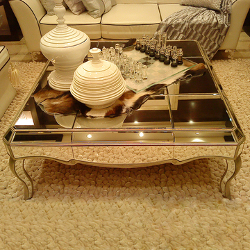 美式新古典小户型创意个性钢化玻璃镜面正方形茶几后现代沙发茶桌
