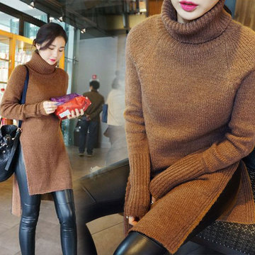 韩国代购新品韩版魅力气质咖啡色侧开衩高领中长款针织衫打底毛衣