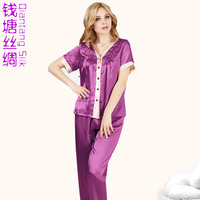 中年短袖真丝睡衣女夏天100%桑蚕丝v领紫色两件套超薄性感家居服