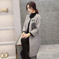 2016冬装韩版简约圆领长袖直筒修身显瘦中长款开衫毛呢大衣女外套