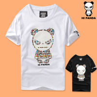 夏装卡通熊猫人hi panda印花圆领男女短袖纯棉休闲情侣装半袖T恤