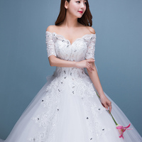 婚纱礼服2016冬季新款韩式一字肩蕾丝奢华显瘦新娘中袖长拖尾齐地