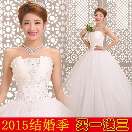 韩式新娘浅V领白色韩版结婚春季2015齐地绑带婚纱礼服2015新最款