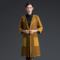 2015新款冬装韩版纯色拼接口袋中长款呢外套呢大衣披肩女百搭显瘦