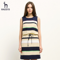 Hazzys哈吉斯女士2015夏季新品圆领休闲韩版中腰条纹无袖连衣裙女