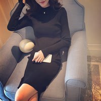 2015女装秋新品韩范显瘦长袖打底裙双开叉针织连衣