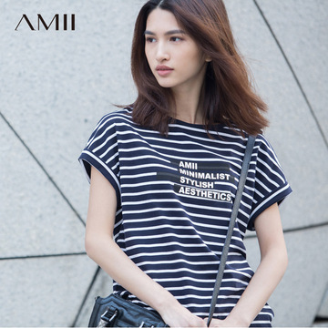 Amii2015条纹t恤女夏短袖宽松显瘦棉质韩大码潮百搭海军风打底衫