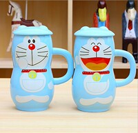 创意可爱机器猫陶瓷杯 带盖长款大容量马克杯多啦A梦蓝胖子水杯子