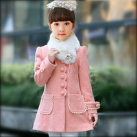 2015韩版童装秋冬新款女童羊毛呢子大衣韩版带毛领中大童儿童外套