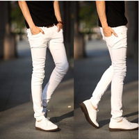 夏季新款白色牛仔裤韩版小脚男士弹力紧身百搭潮男修身铅笔长裤子