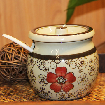 调味罐陶瓷糖罐 盐罐套装创意日式和风特价仿古釉下彩手绘送勺