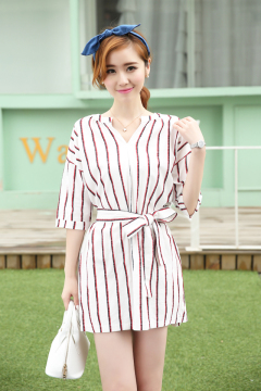 2015韩版女装新款竖条纹短袖衬衣女士棉麻夏季中长款衬衫连衣裙子