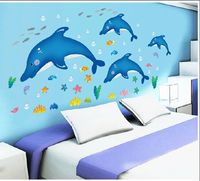 包邮热卖动物欢乐海豚墙纸可移除儿童房幼儿园教室布置装饰墙贴画