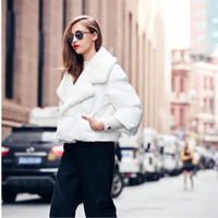 2015冬欧美品牌女装 棉服保暖时尚简约白棉衣兔毛翻领棉衣短外套