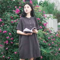 2016夏季新款日系复古文艺棉亚麻短袖中长款连衣裙