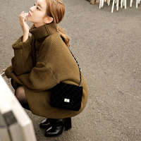 冬新韩版宽松直筒高领长袖套头深棕色中长款毛衣女 打底毛衣裙