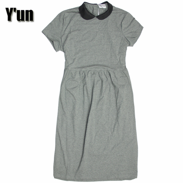 韫yun2015夏季新款长款系腰带翻领后背系扣三色藏青红灰连衣裙