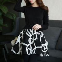 韩国东大门2015秋季新品 长袖黑白花色拼接系带打底 假两件连衣裙