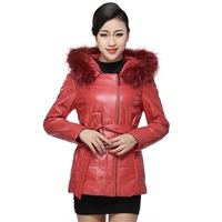 Dongming真皮夹棉女士短款2016新款连帽修身绵羊皮加厚皮衣女外套