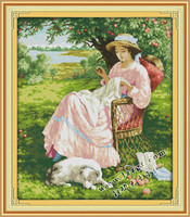 精准印花美式乡村风格十字绣女人和狗客厅油画系列最新款人物满绣