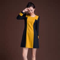 2016韩版秋季新款修身显瘦毛呢连衣裙 气质长袖拼接呢子打底短裙