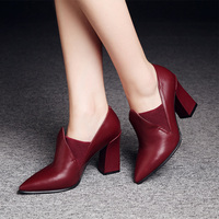 真皮深口单鞋女高跟2015春秋季新款尖头红色牛皮时尚皮鞋粗跟女鞋
