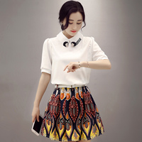2016年夏季韩版时尚显瘦翻领短袖衬衫+印花中腰短裙两件套