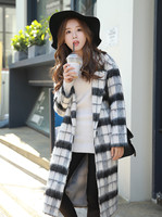 2015秋冬新款女装韩版一粒扣长款过膝格子呢大衣女海马毛毛呢外套