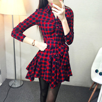 秋季长袖连衣裙2015女装秋装新款韩版修身显瘦红色格子连衣裙秋裙