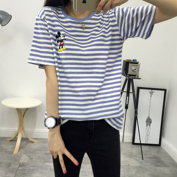 韩国东大门2016女式圆领条纹T恤纯棉夏季短袖新款T恤衫
