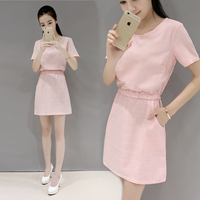 韩国女装2016新款韩版夏季修身圆领裙子高端雪纺中长款连衣裙